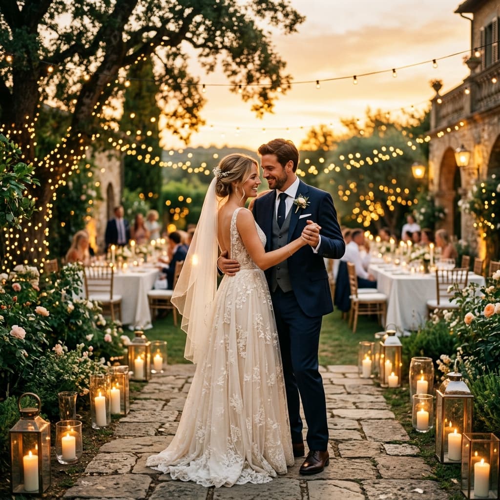 Wedding couple walking through gardens at sunset