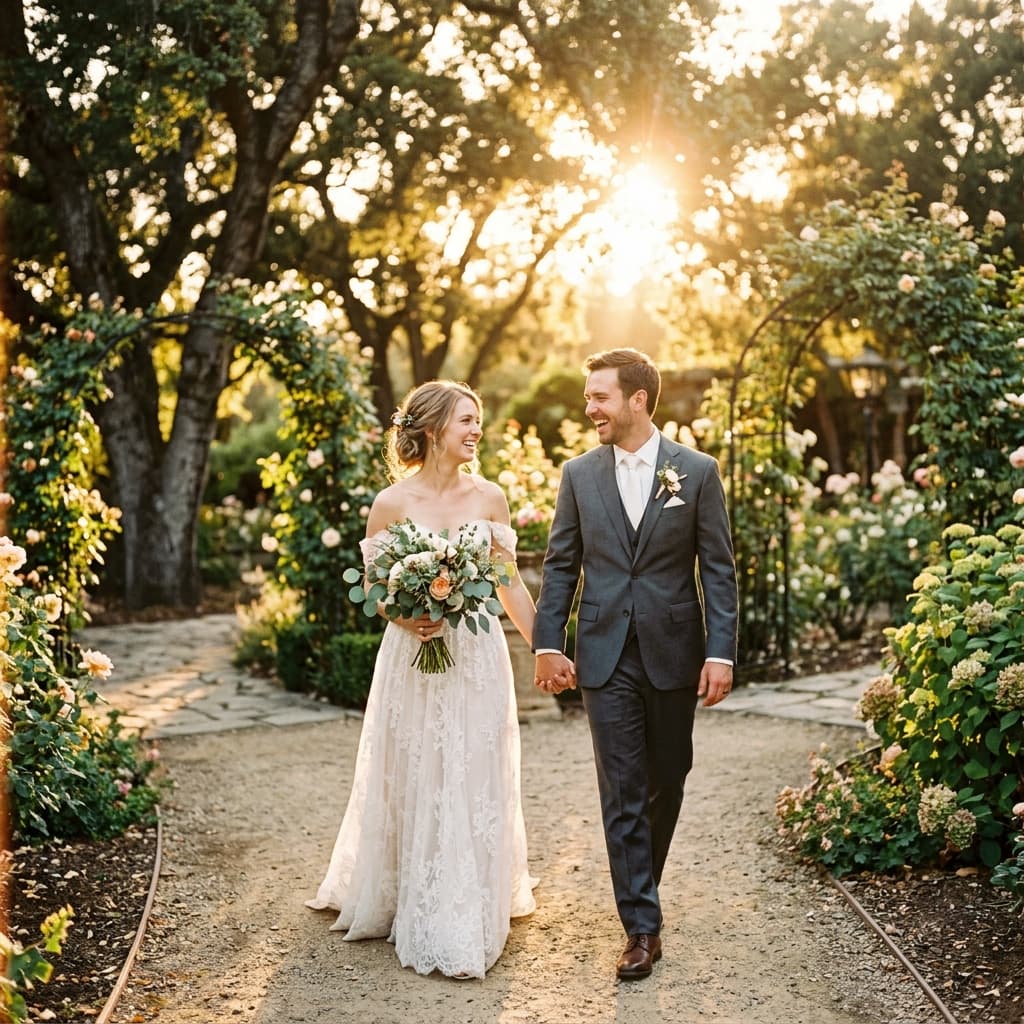 Elegant wedding couple in golden hour light