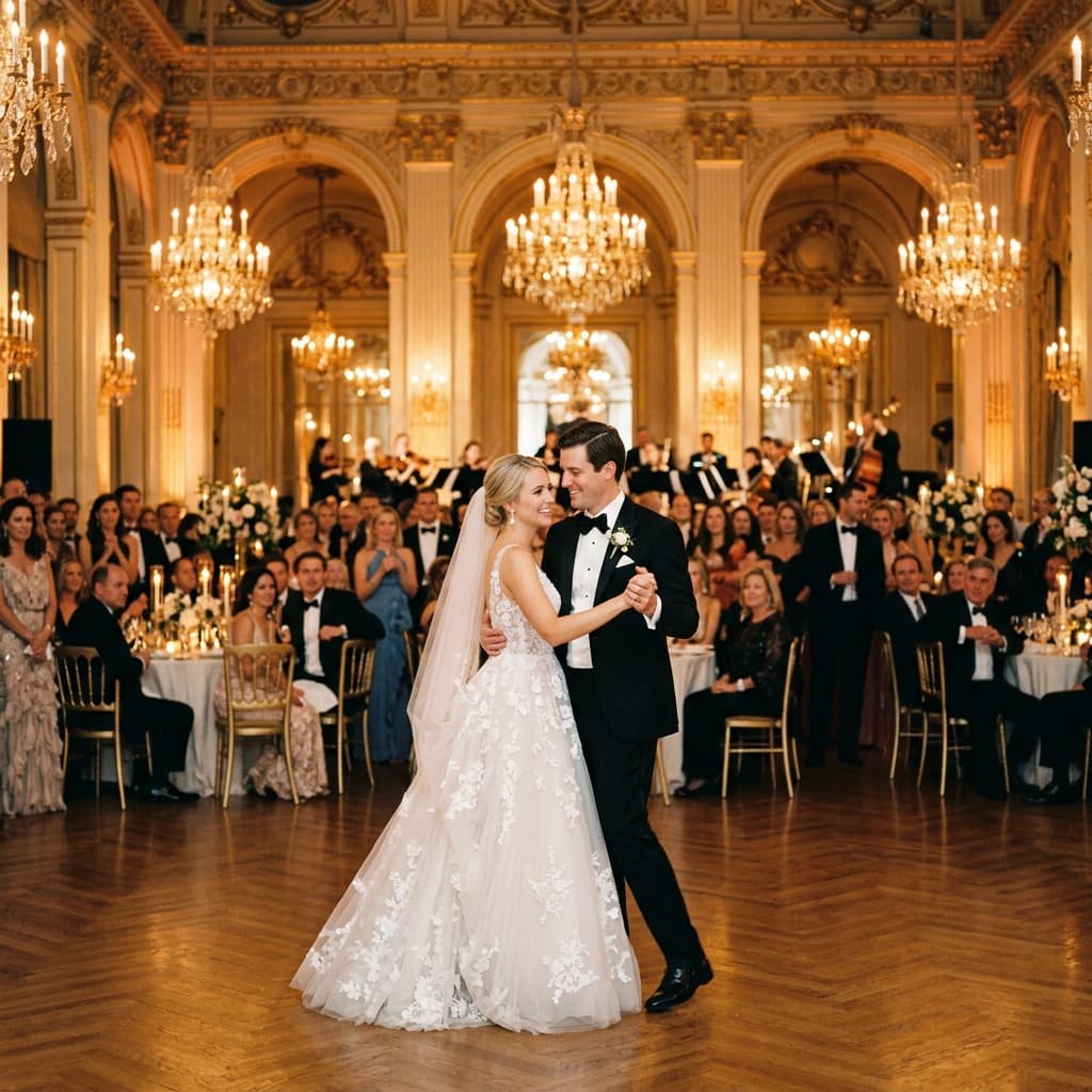 Sophia and James sharing their first dance at The Breakers mansion in golden evening light