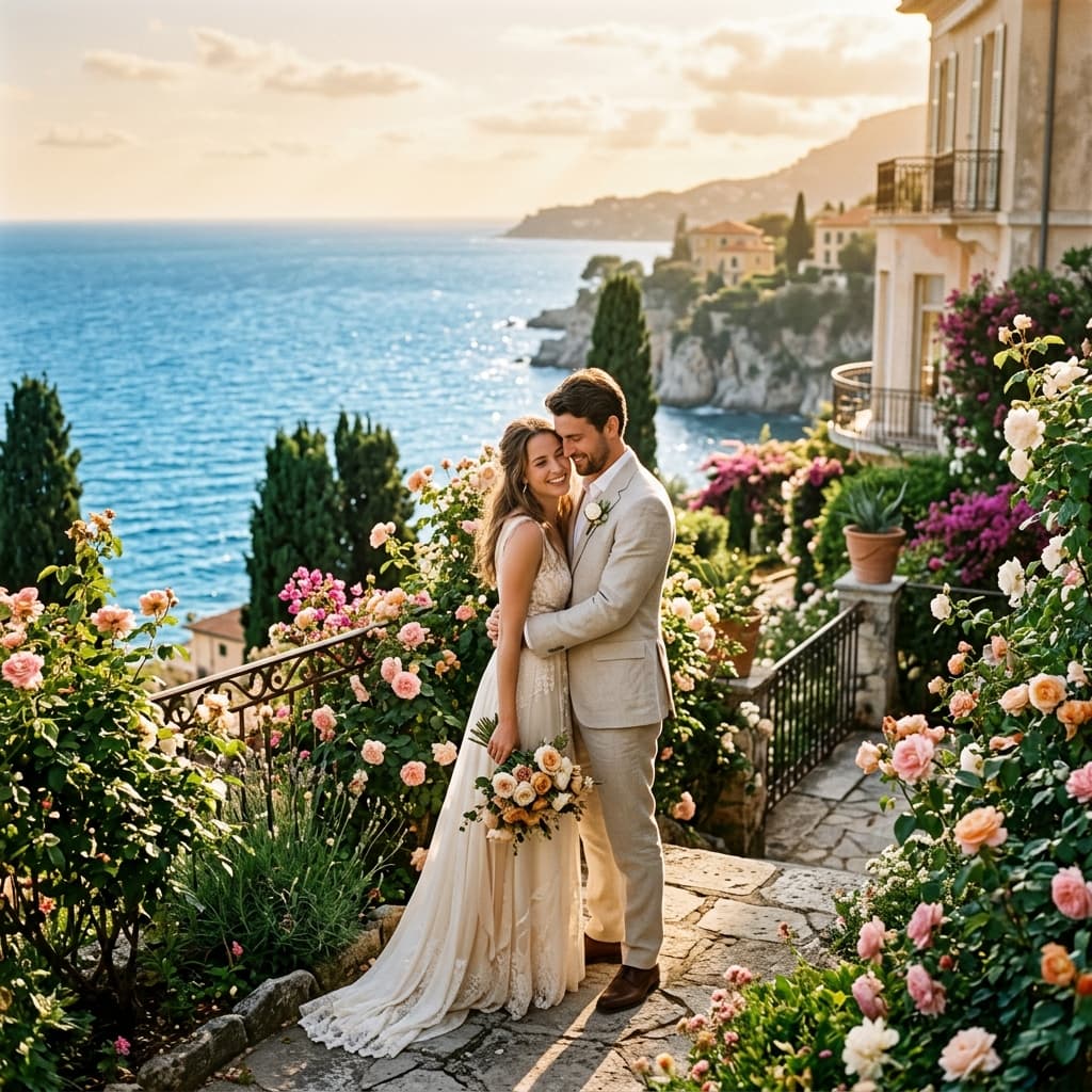 Isabelle and Luca embracing in the rose gardens of Villa Ephrussi with the sea behind them