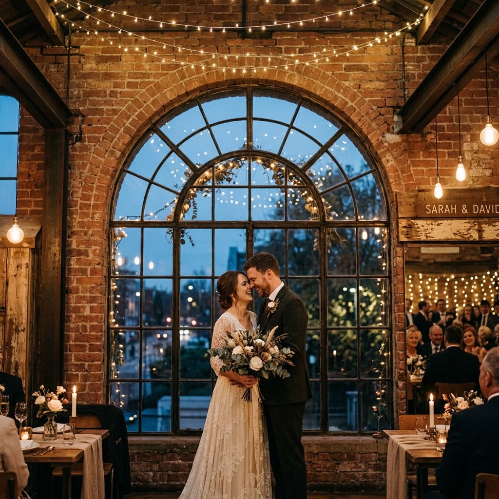 Ceremony under exposed beam ceiling with string lights